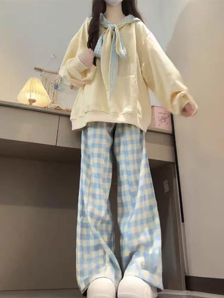 새로운 달콤함 체크무늬 나비 매듭 스트랩 디자인 센스 루즈핏 느긋한 후드 티 스웨터 상세 이미지 8