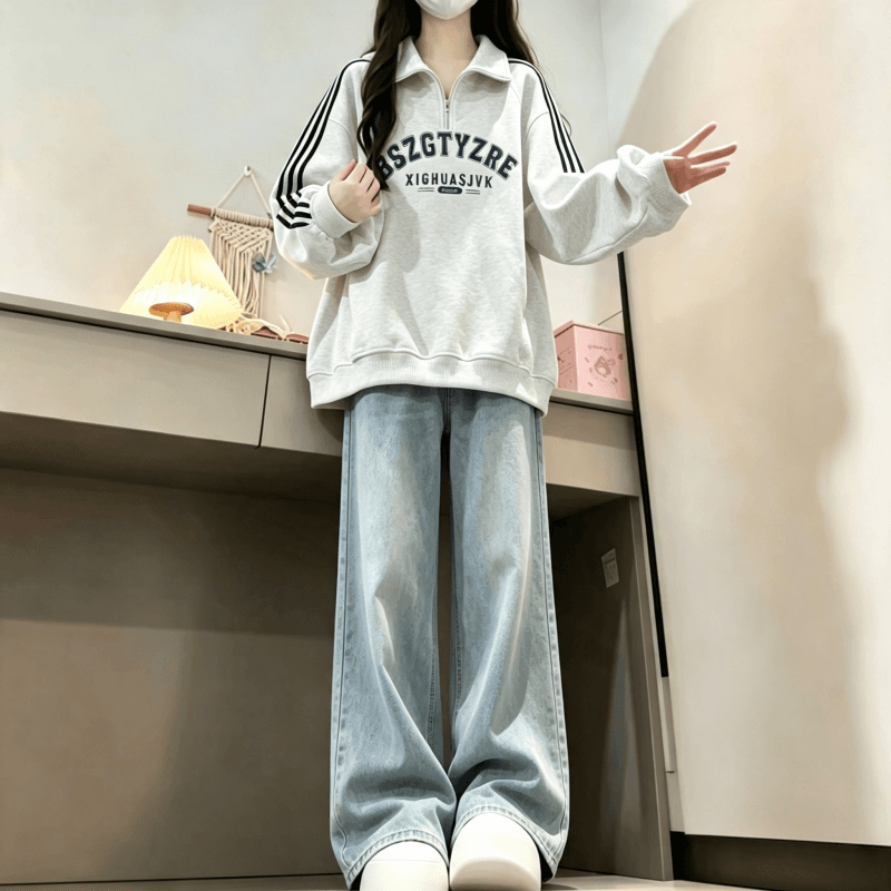 새로운 학원 스타일 아메리칸 3개 바 POLO 칼라 하프 지퍼 후드티