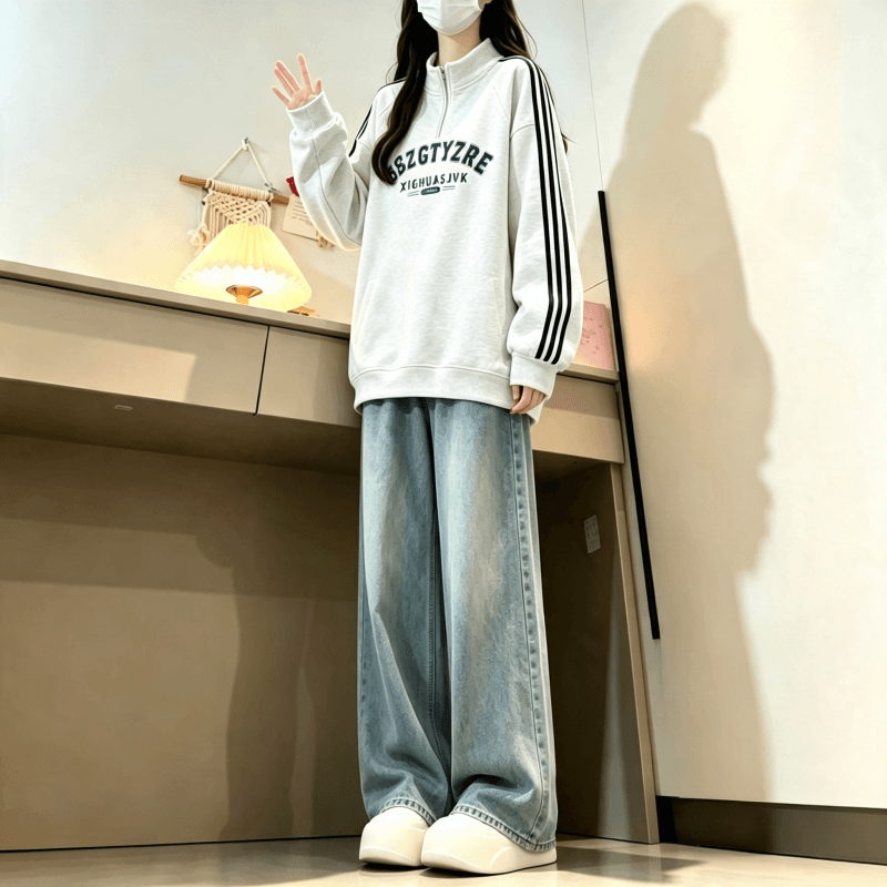 새로운 학원 스타일 아메리칸 3개 바 POLO 칼라 하프 지퍼 후드티 이미지 3