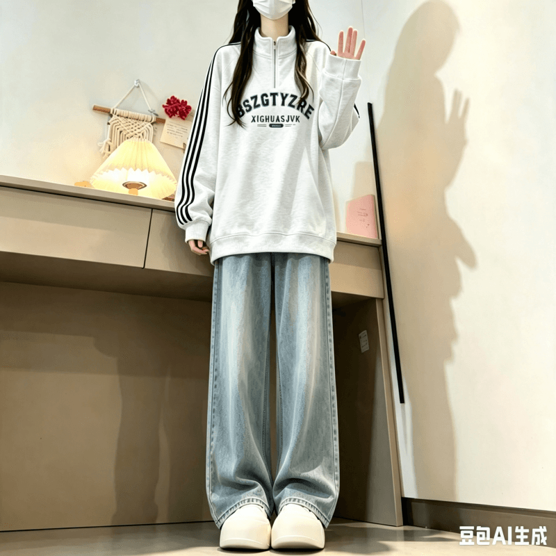 새로운 학원 스타일 아메리칸 3개 바 POLO 칼라 하프 지퍼 후드티 상세 이미지 4