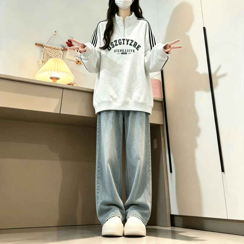 새로운 학원 스타일 아메리칸 3개 바 POLO 칼라 하프 지퍼 후드티 상세 이미지 6