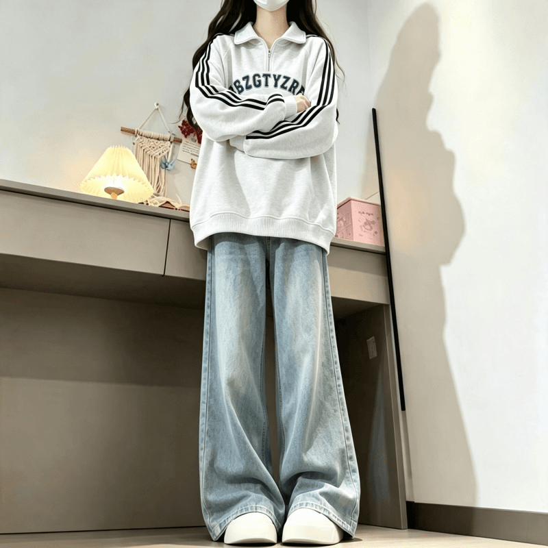 새로운 학원 스타일 아메리칸 3개 바 POLO 칼라 하프 지퍼 후드티 상세 이미지 7