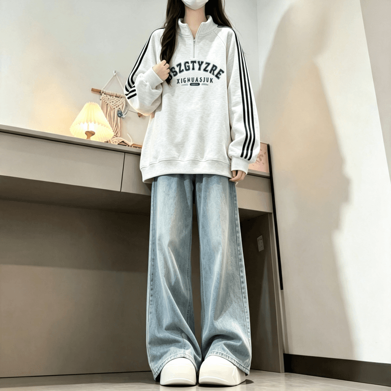 새로운 학원 스타일 아메리칸 3개 바 POLO 칼라 하프 지퍼 후드티 상세 이미지 8