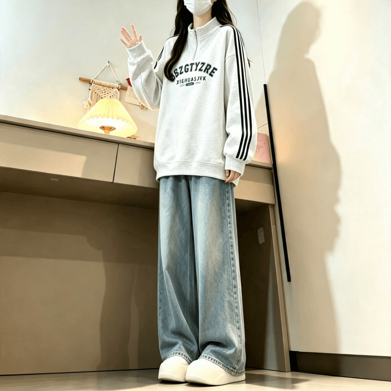 새로운 학원 스타일 아메리칸 3개 바 POLO 칼라 하프 지퍼 후드티 상세 이미지 2