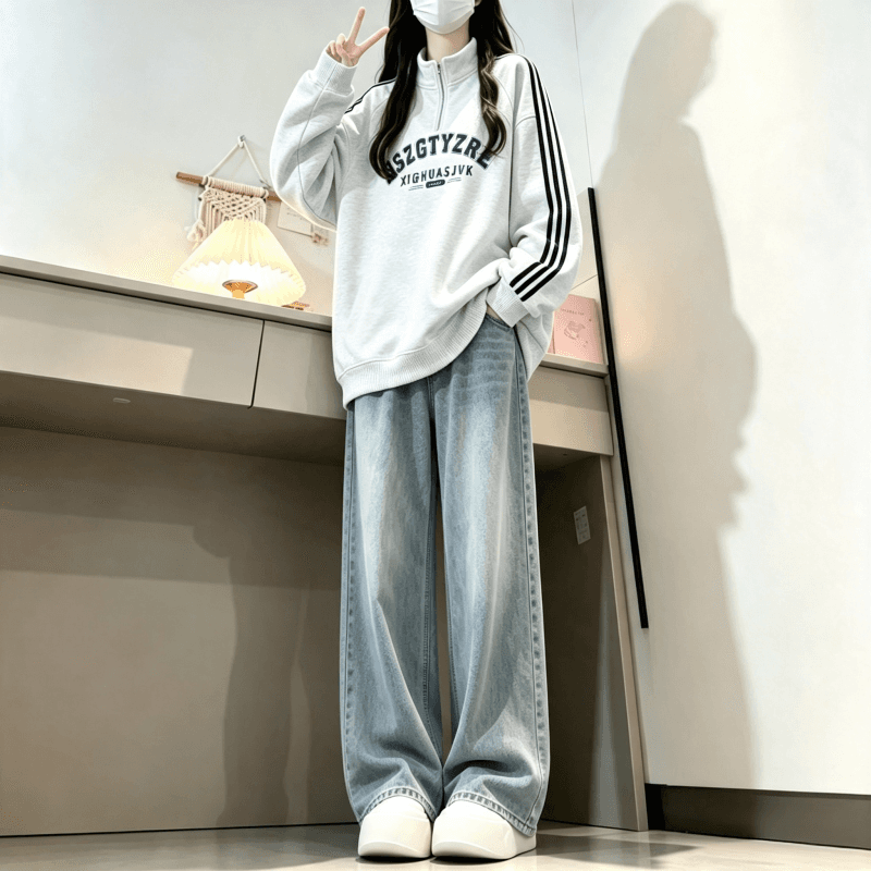 새로운 학원 스타일 아메리칸 3개 바 POLO 칼라 하프 지퍼 후드티 상세 이미지 3