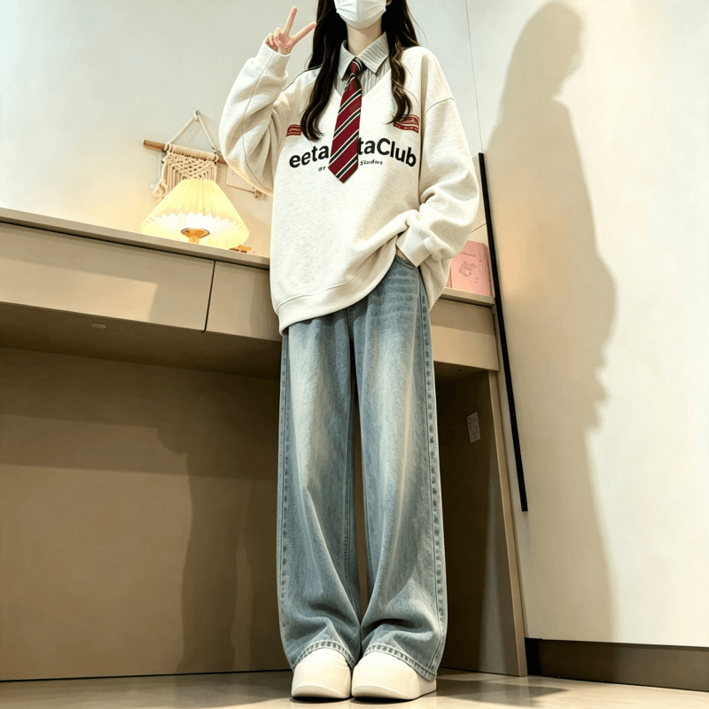 새로운 학원 스타일 페이크 레이어드 셔츠 칼라 후드티 보내기 넥타이 탈착식 이미지 3
