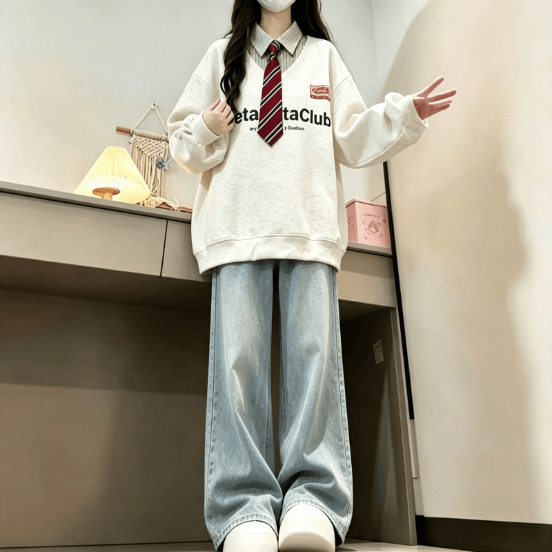 새로운 학원 스타일 페이크 레이어드 셔츠 칼라 후드티 보내기 넥타이 탈착식 이미지 2