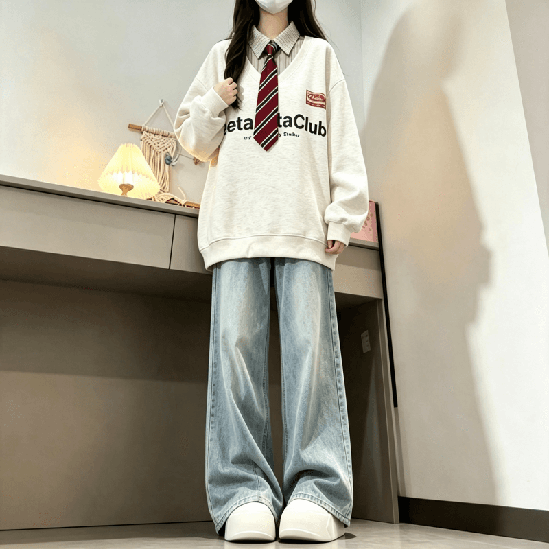 새로운 학원 스타일 페이크 레이어드 셔츠 칼라 후드티 보내기 넥타이 탈착식 이미지 4