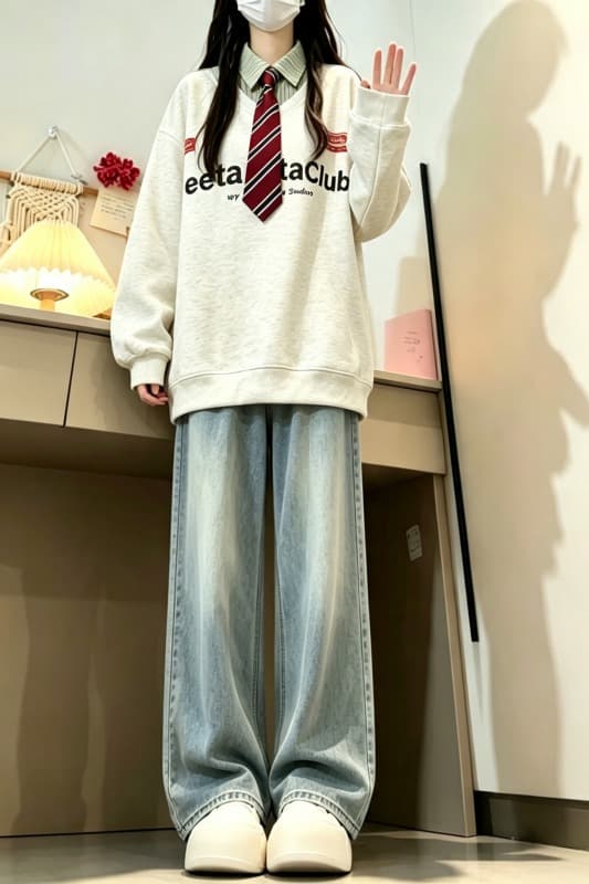 새로운 학원 스타일 페이크 레이어드 셔츠 칼라 후드티 보내기 넥타이 탈착식 이미지 6