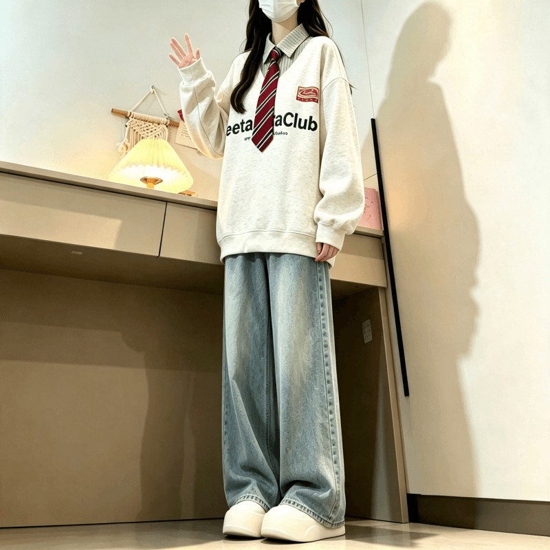 새로운 학원 스타일 페이크 레이어드 셔츠 칼라 후드티 보내기 넥타이 탈착식 상세 이미지 6