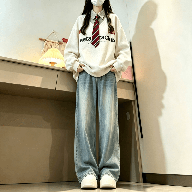 새로운 학원 스타일 페이크 레이어드 셔츠 칼라 후드티 보내기 넥타이 탈착식 상세 이미지 7