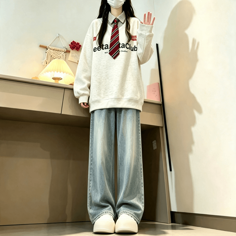 새로운 학원 스타일 페이크 레이어드 셔츠 칼라 후드티 보내기 넥타이 탈착식 상세 이미지 9