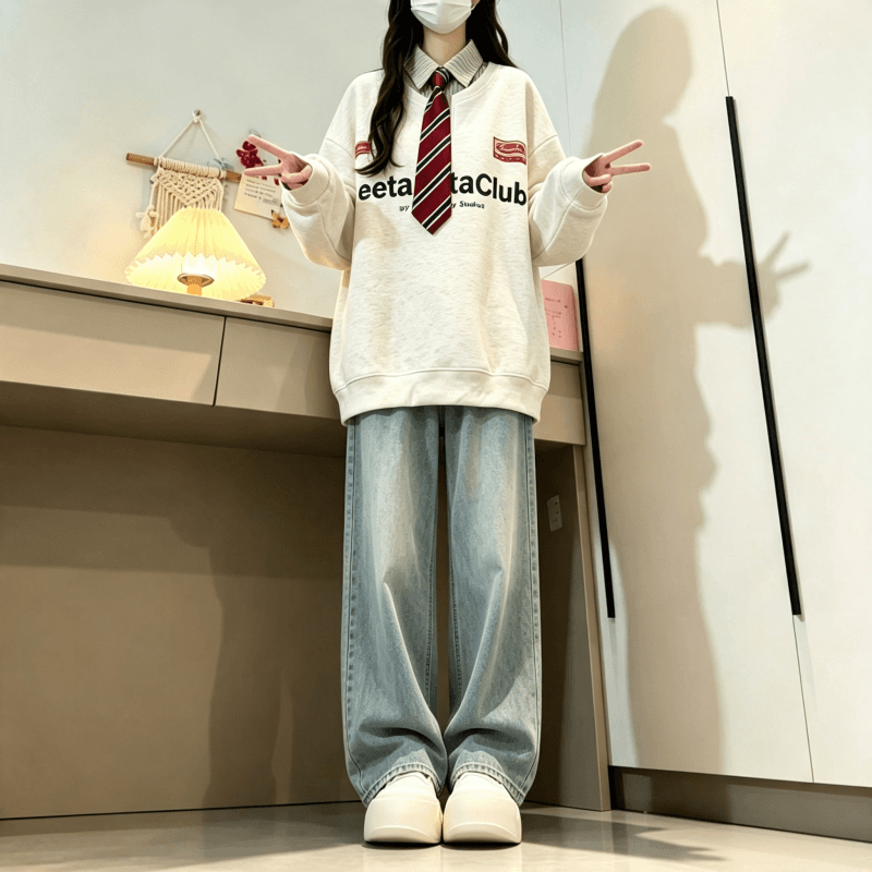 새로운 학원 스타일 페이크 레이어드 셔츠 칼라 후드티 보내기 넥타이 탈착식 상세 이미지 10