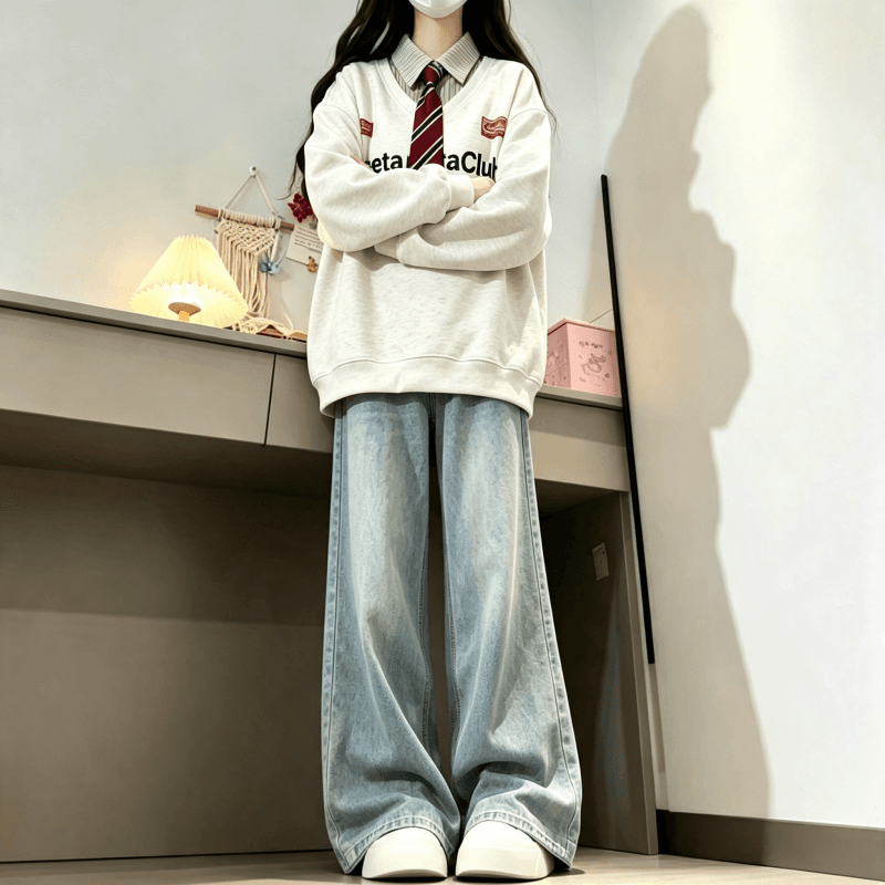 새로운 학원 스타일 페이크 레이어드 셔츠 칼라 후드티 보내기 넥타이 탈착식 상세 이미지 11