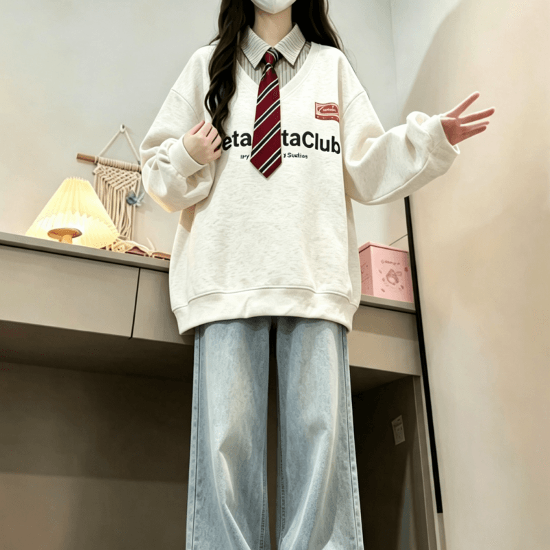 새로운 학원 스타일 페이크 레이어드 셔츠 칼라 후드티 보내기 넥타이 탈착식