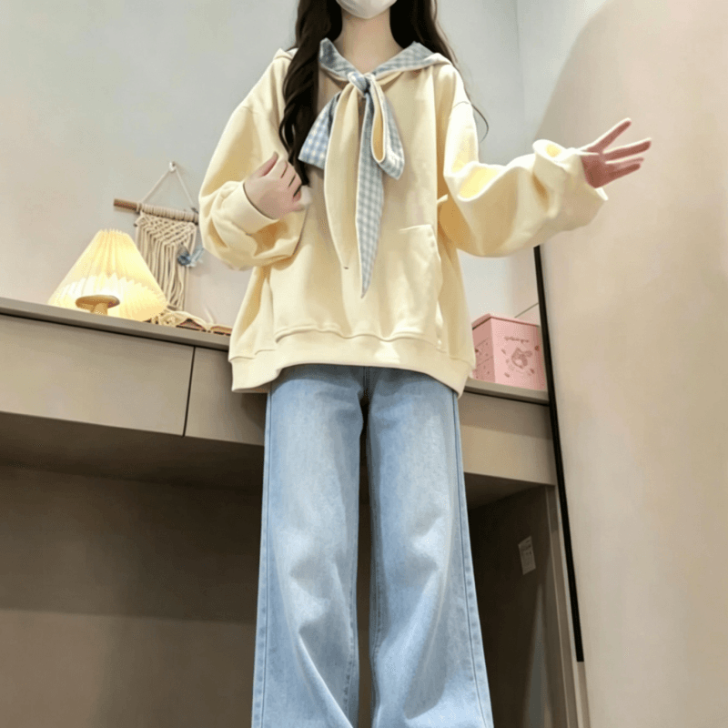 새로운 달콤함 체크무늬 나비 매듭 스트랩 디자인 센스 루즈핏 느긋한 후드 티 스웨터