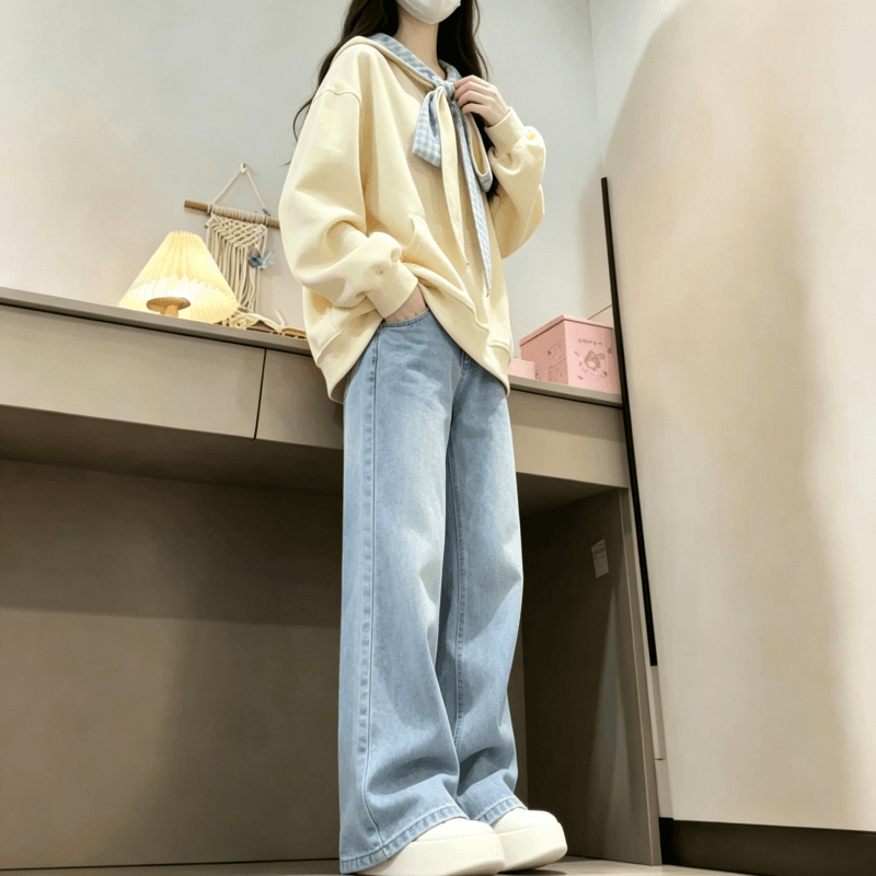 새로운 달콤함 체크무늬 나비 매듭 스트랩 디자인 센스 루즈핏 느긋한 후드 티 스웨터 상세 이미지 4