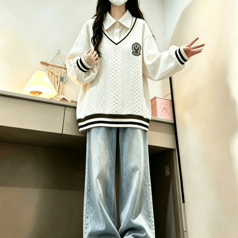 새로운 달콤함 학원 스타일 페이크 레이어드 자수 루즈핏 후드티