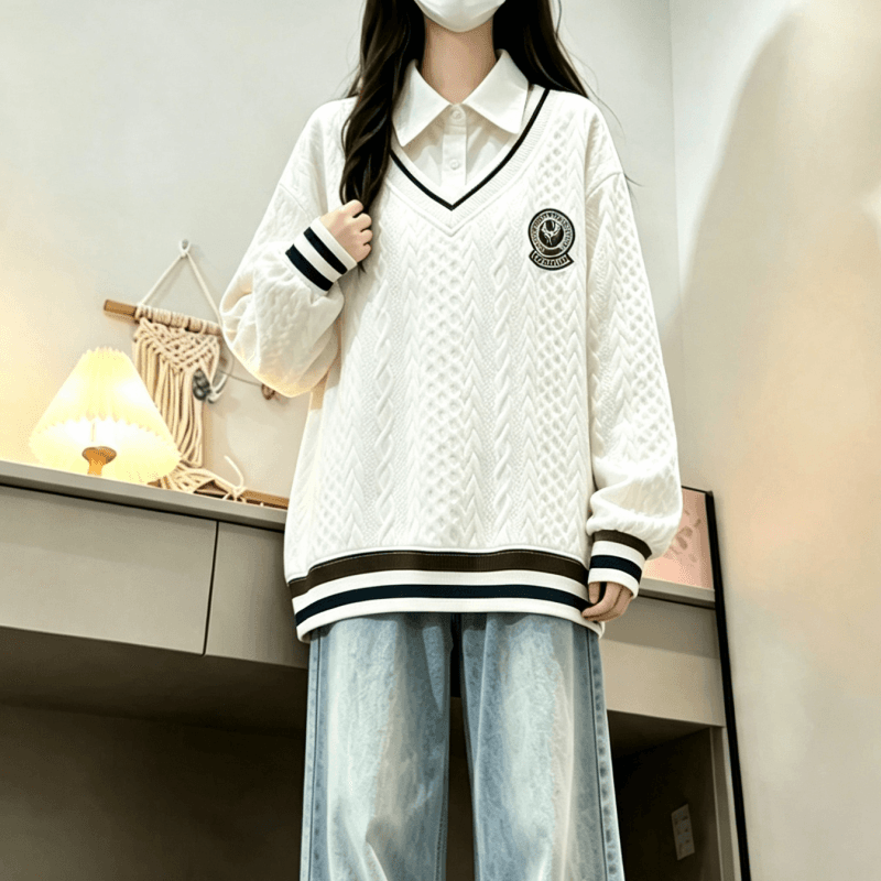 새로운 달콤함 학원 스타일 페이크 레이어드 자수 루즈핏 후드티 상세 이미지 13