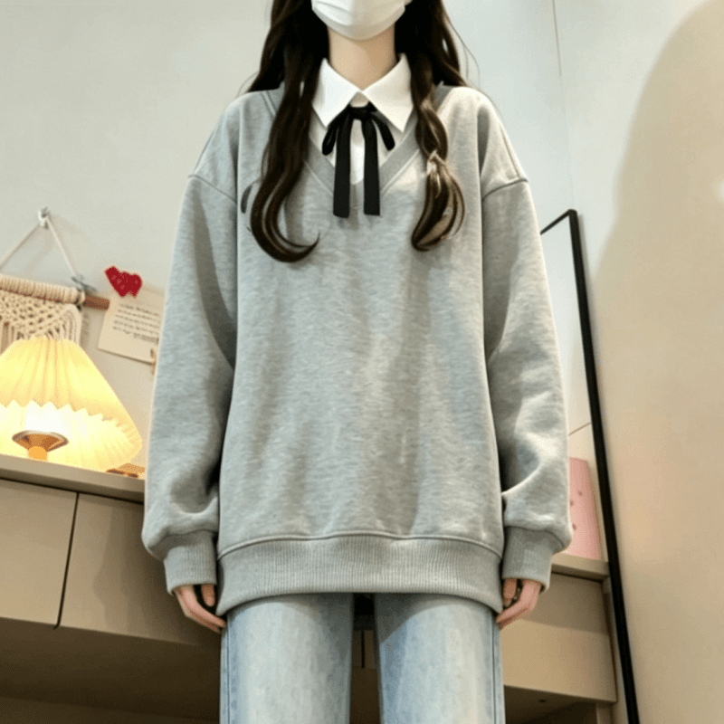 새로운 달콤함 학원 스타일 나비 매듭 스트랩 디자인 센스 페이크 레이어드 강아지 프린트 후드티 보내기 나비 넥타이 탈착식 상세 이미지 5
