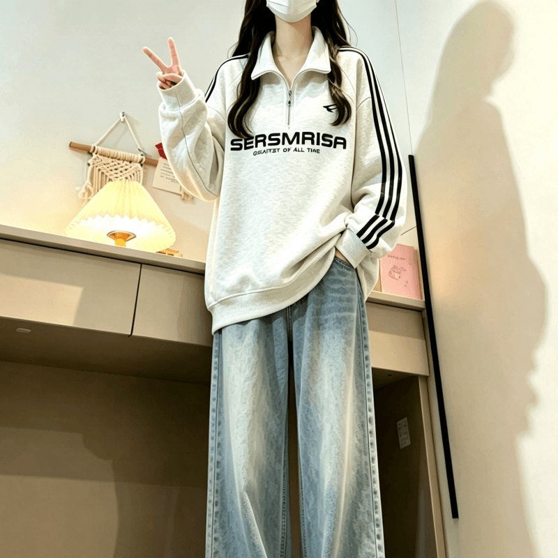 새로운 학원 스타일 아메리칸 3개 바 POLO 칼라 하프 지퍼 후드티 이미지 2