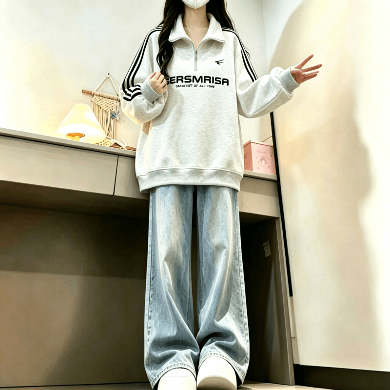 새로운 학원 스타일 아메리칸 3개 바 POLO 칼라 하프 지퍼 후드티 이미지 3