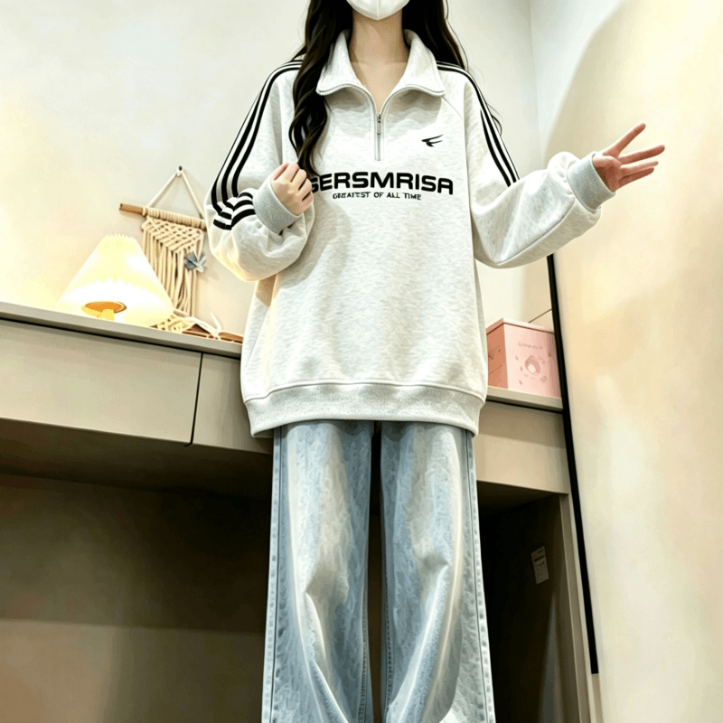새로운 학원 스타일 아메리칸 3개 바 POLO 칼라 하프 지퍼 후드티 상세 이미지 2