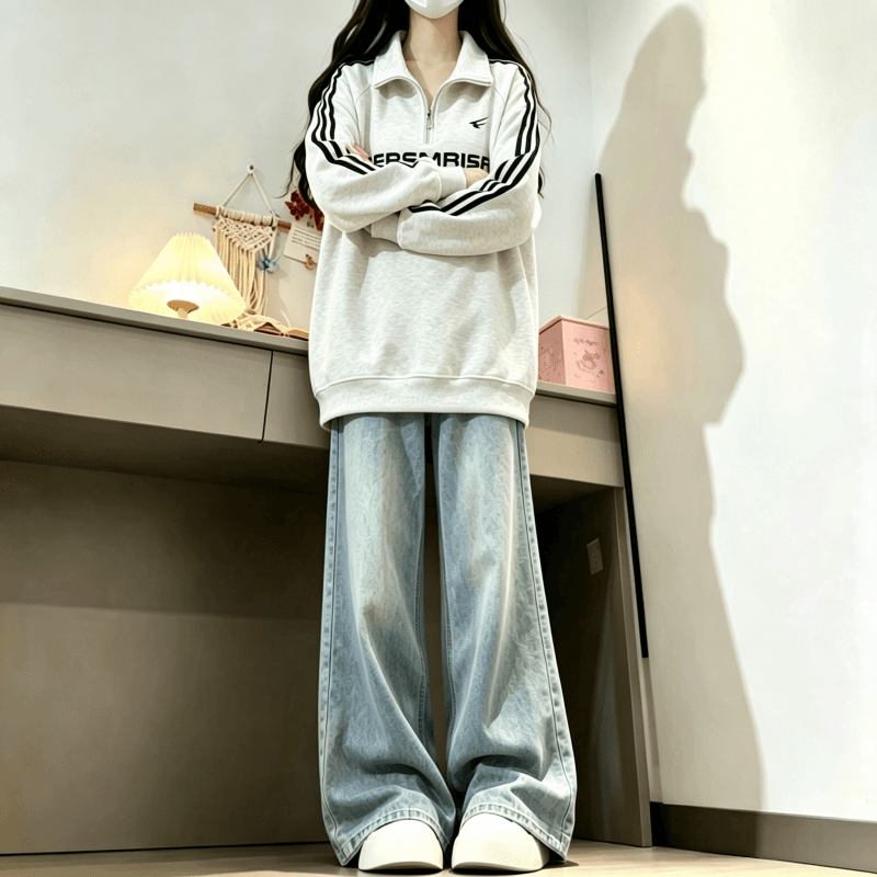 새로운 학원 스타일 아메리칸 3개 바 POLO 칼라 하프 지퍼 후드티 상세 이미지 5