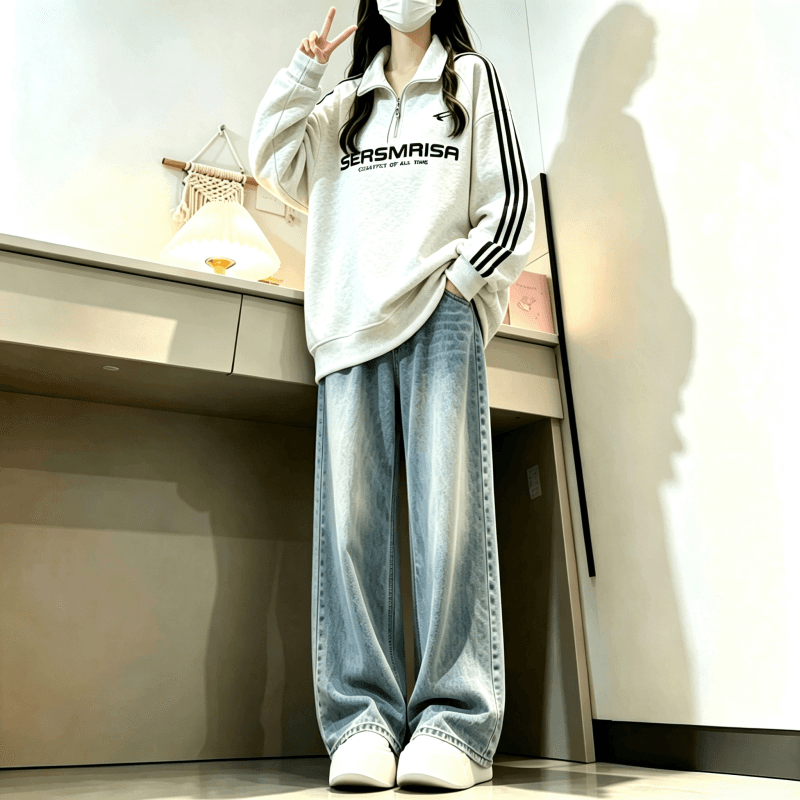 새로운 학원 스타일 아메리칸 3개 바 POLO 칼라 하프 지퍼 후드티 상세 이미지 6