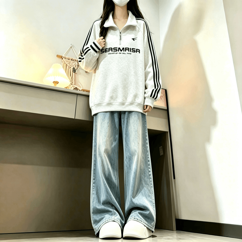 새로운 학원 스타일 아메리칸 3개 바 POLO 칼라 하프 지퍼 후드티 상세 이미지 8
