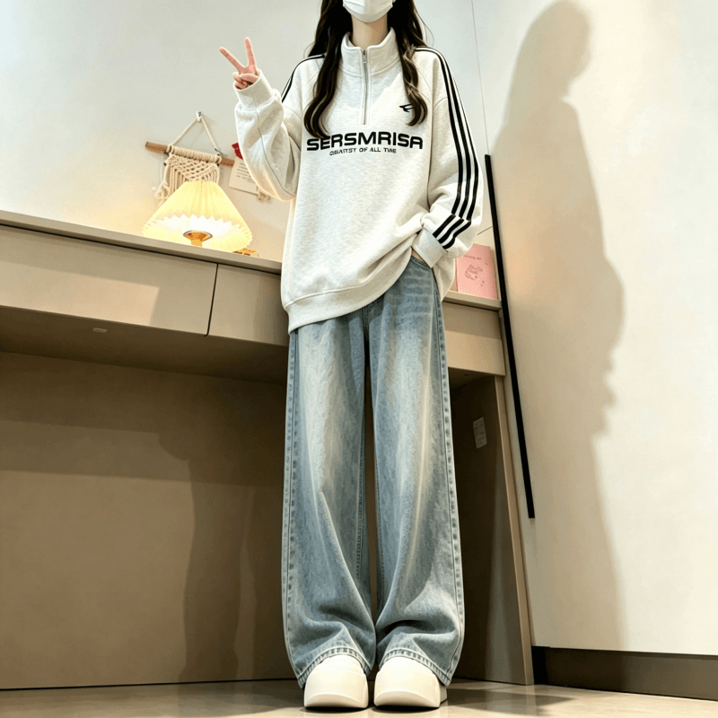 새로운 학원 스타일 아메리칸 3개 바 POLO 칼라 하프 지퍼 후드티 상세 이미지 9