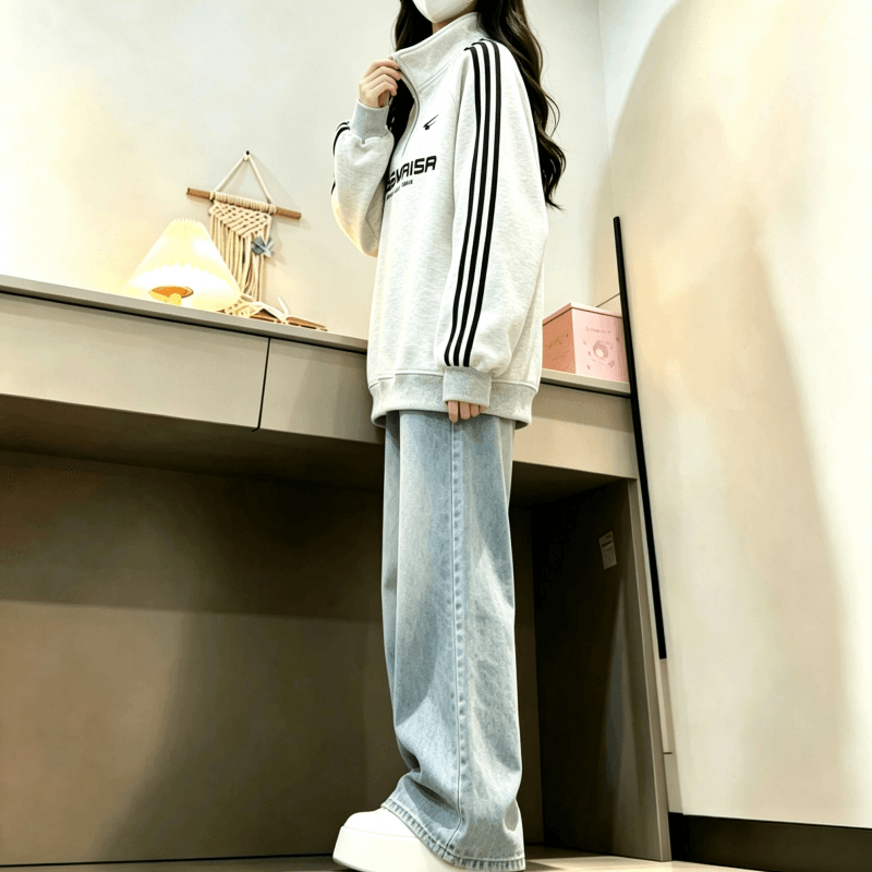 새로운 학원 스타일 아메리칸 3개 바 POLO 칼라 하프 지퍼 후드티 상세 이미지 12