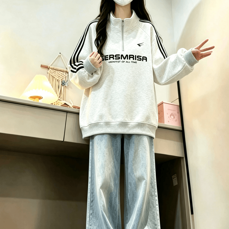 새로운 학원 스타일 아메리칸 3개 바 POLO 칼라 하프 지퍼 후드티 상세 이미지 13