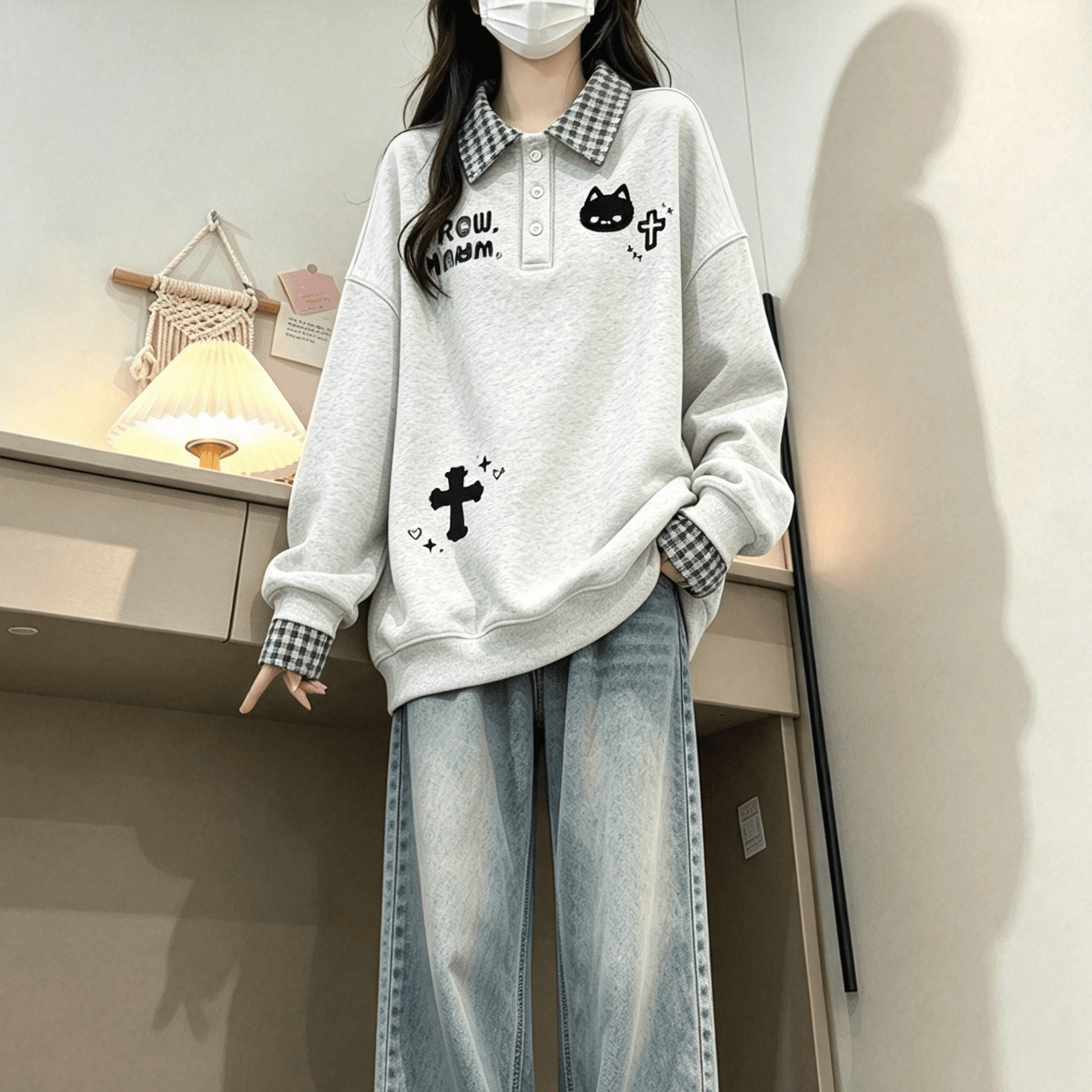 새로운 학원 스타일 POLO 칼라 체크무늬 패치워크 페이크 레이어드 프린트 루즈핏 후드티 이미지 4