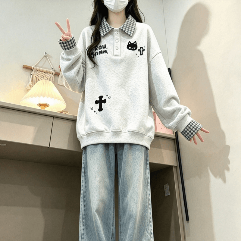 새로운 학원 스타일 POLO 칼라 체크무늬 패치워크 페이크 레이어드 프린트 루즈핏 후드티