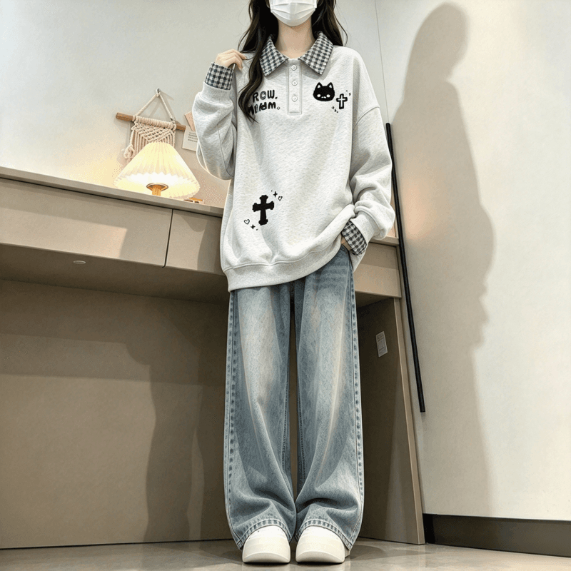 새로운 학원 스타일 POLO 칼라 체크무늬 패치워크 페이크 레이어드 프린트 루즈핏 후드티 상세 이미지 4