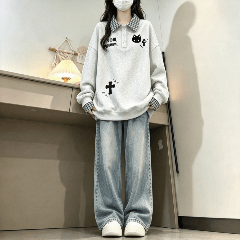 새로운 학원 스타일 POLO 칼라 체크무늬 패치워크 페이크 레이어드 프린트 루즈핏 후드티 상세 이미지 6