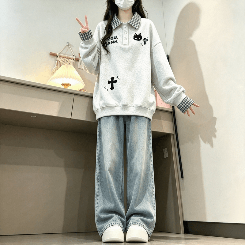 새로운 학원 스타일 POLO 칼라 체크무늬 패치워크 페이크 레이어드 프린트 루즈핏 후드티 상세 이미지 9