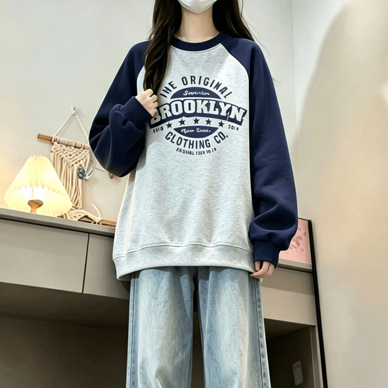 새로운 학원 스타일 아메리칸 배색 삽입 어깨 라운드 넥 루즈핏 후드티 이미지 4