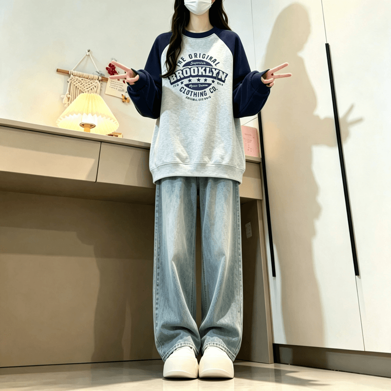 새로운 학원 스타일 아메리칸 배색 삽입 어깨 라운드 넥 루즈핏 후드티 상세 이미지 2