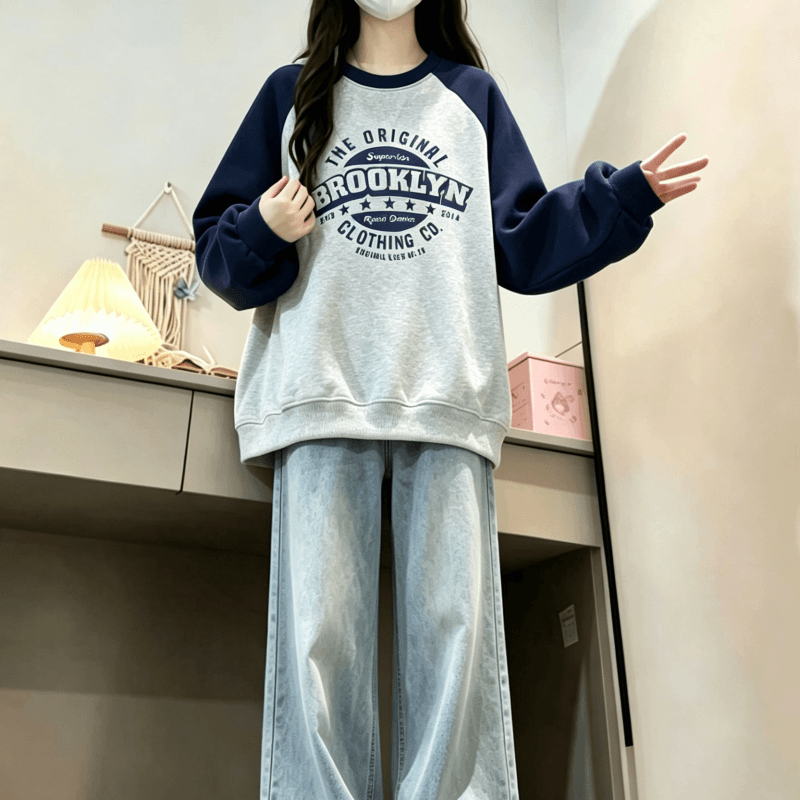 새로운 학원 스타일 아메리칸 배색 삽입 어깨 라운드 넥 루즈핏 후드티