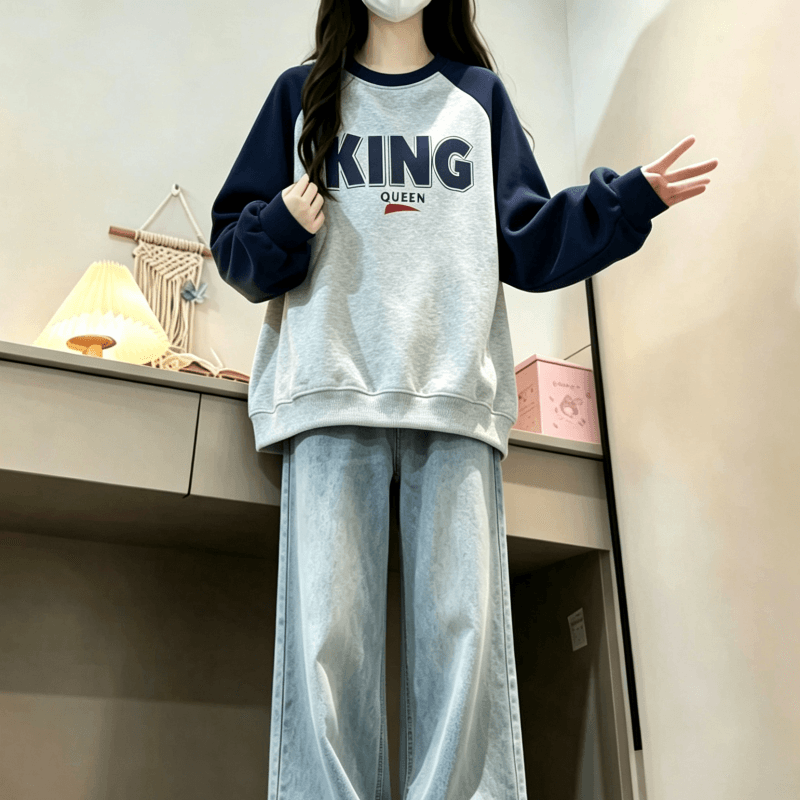 새로운 학원 스타일 아메리칸 배색 삽입 어깨 라운드 넥 루즈핏 후드티
