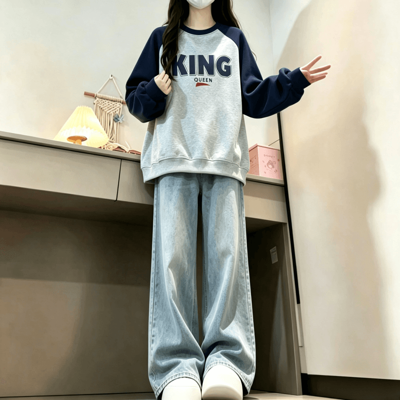 새로운 학원 스타일 아메리칸 배색 삽입 어깨 라운드 넥 루즈핏 후드티 이미지 3