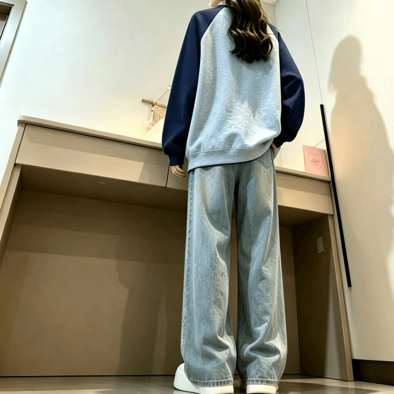 새로운 학원 스타일 아메리칸 배색 삽입 어깨 라운드 넥 루즈핏 후드티 상세 이미지 4