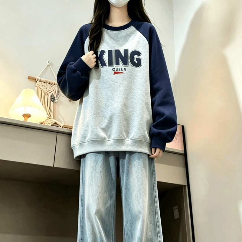 새로운 학원 스타일 아메리칸 배색 삽입 어깨 라운드 넥 루즈핏 후드티 상세 이미지 10