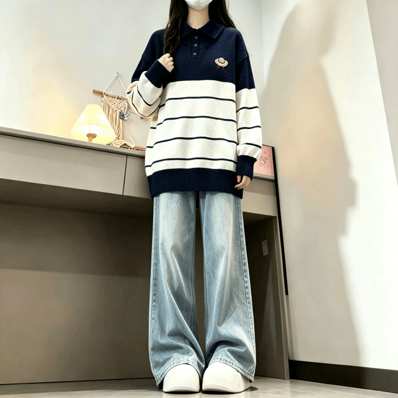 가을 겨울 새로운 학원 스타일 POLO 칼라 스트라이프 자수 다용도 스웨터 상세 이미지 8