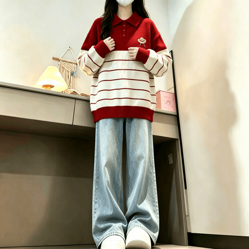 가을 겨울 새로운 학원 스타일 POLO 칼라 스트라이프 자수 다용도 스웨터 상세 이미지 11