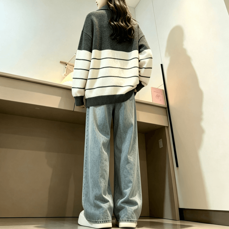 가을 겨울 새로운 학원 스타일 POLO 칼라 스트라이프 자수 다용도 스웨터 상세 이미지 17
