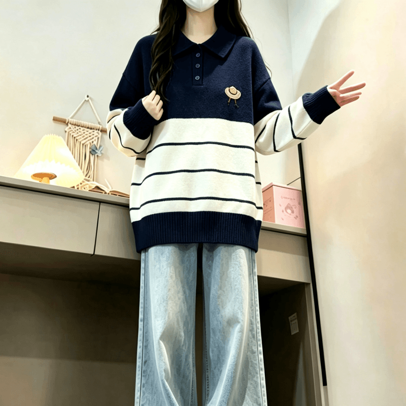 가을 겨울 새로운 학원 스타일 POLO 칼라 스트라이프 자수 다용도 스웨터 이미지 3