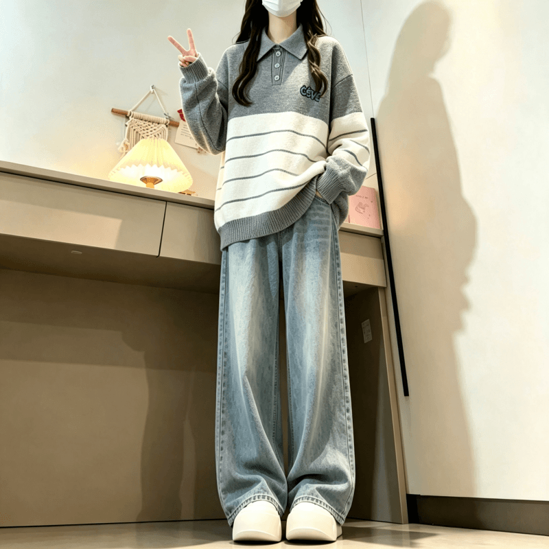 가을 겨울 새로운 학원 스타일 POLO 칼라 스트라이프 자수 다용도 스웨터 상세 이미지 4